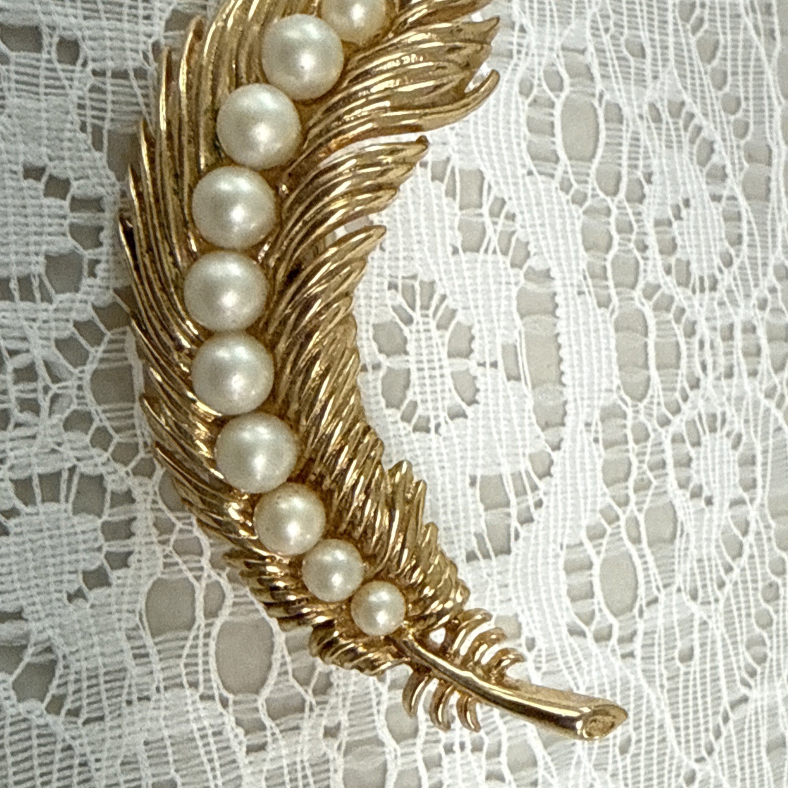 Crown Trifari Gold Tone Faux Pearl Brooch Signed