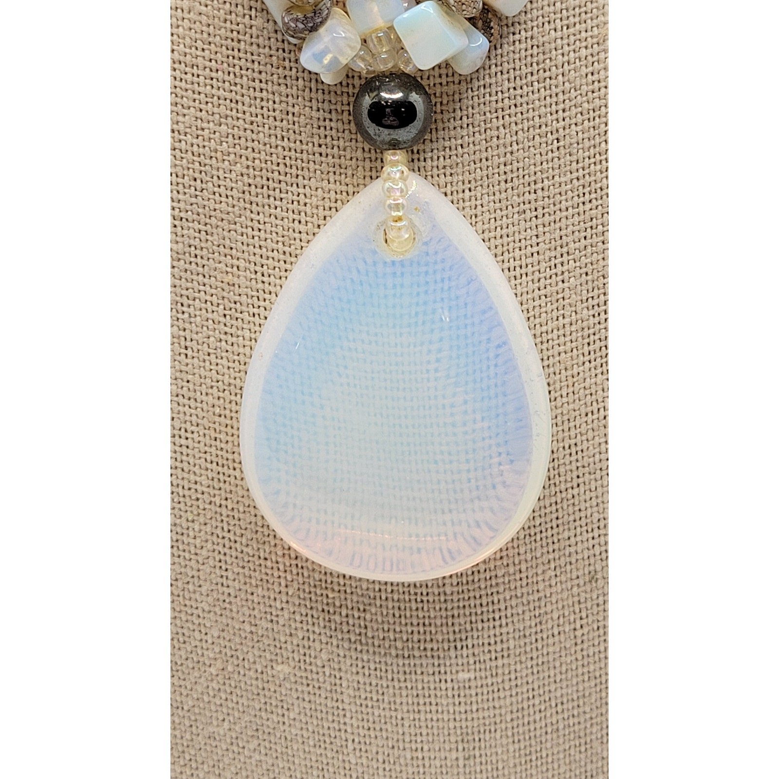 Moonstone Hematite Necklace Faux Opalite Pendant Tiny Shells Seed Bead Vintage