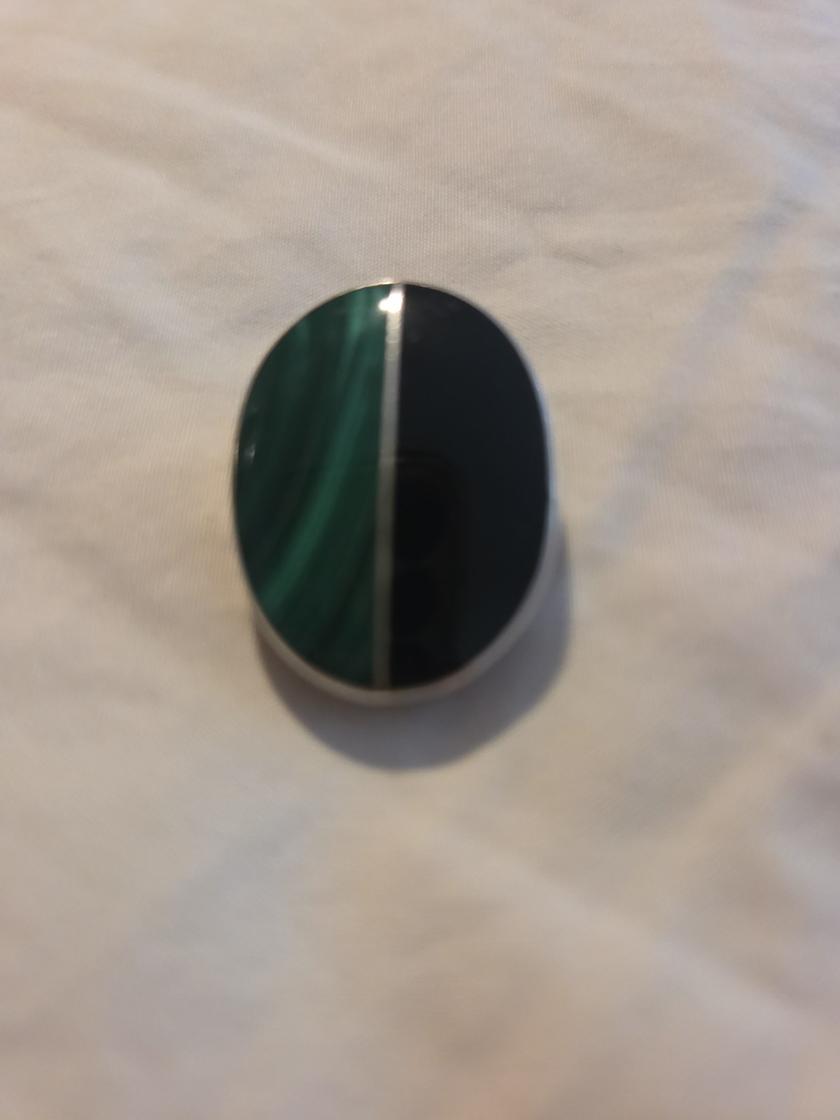 Vintage Mexico Sterling Silver Inlaid Malachite Onyx Large Oval Pendant