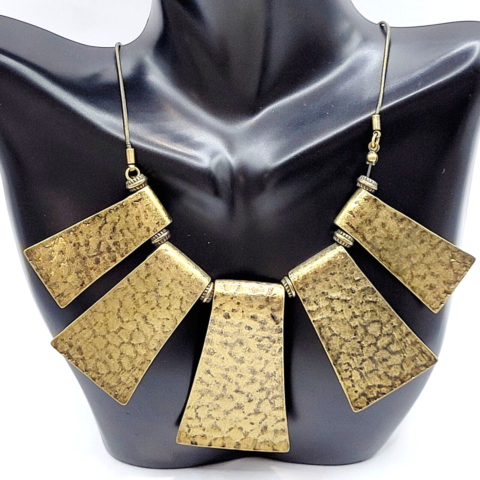 Exotic Hammered Style 5 Metal Plate Bib Necklace Brutalist Cleopatra Look 21 In