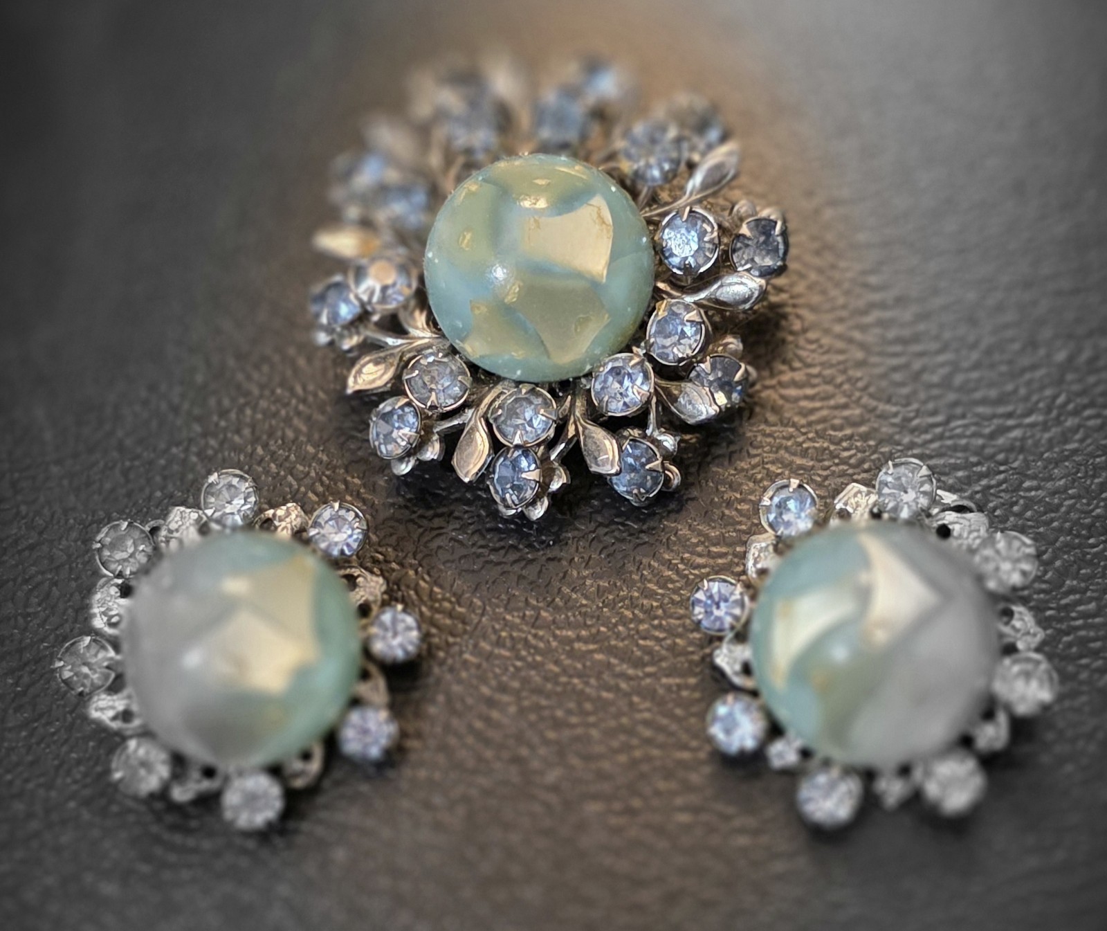 Vintage Cabochon Brooch Pin Earring Set Blue Green Artsy Stone Rhinestones