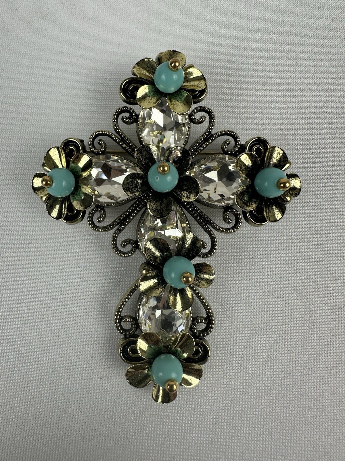 Floral Cross Brooch Gold Tone Turquoise Beads Clear Crystal Rhinestones