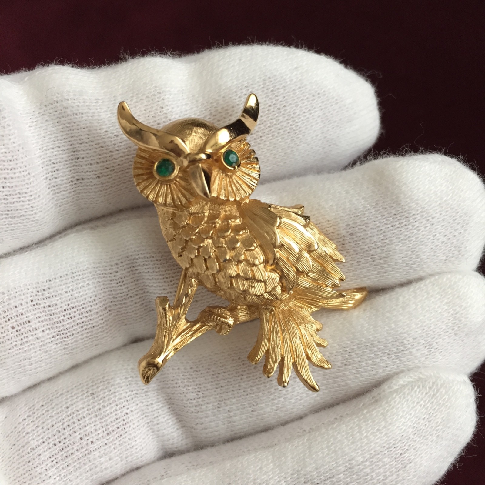 VTG Horned Owl Brooch- Gold with Green Eyes, Rhinestone Monet Bird, Sweater Pin
