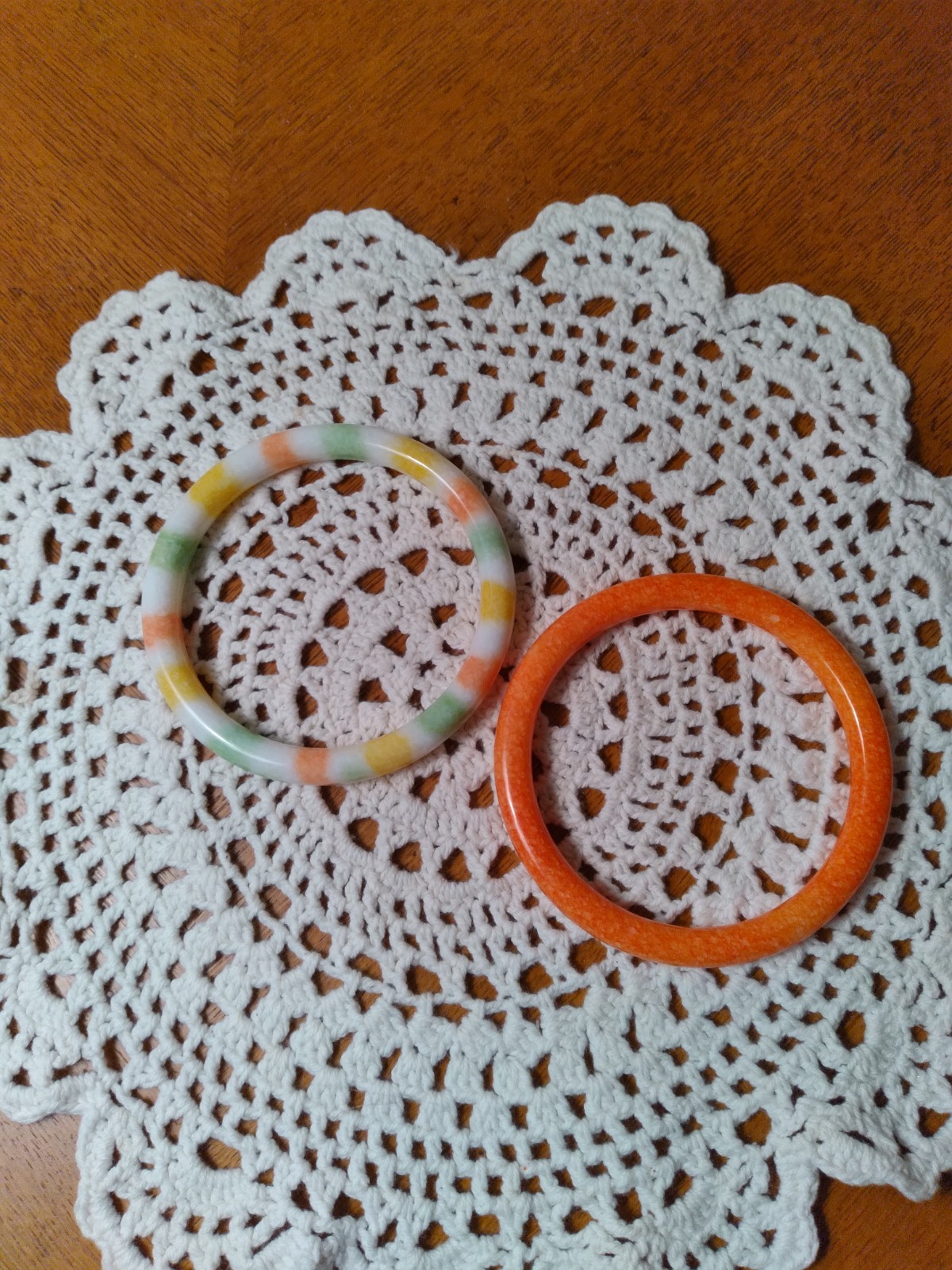 Vintage Glass Bangle Bracelets Set of Two Faux Jade Orange Green yellow
