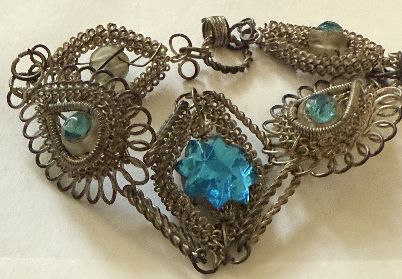 Vintage/Antique Victorian Style Silver Metal Bracelet Aqua Rhinestones No Clasp