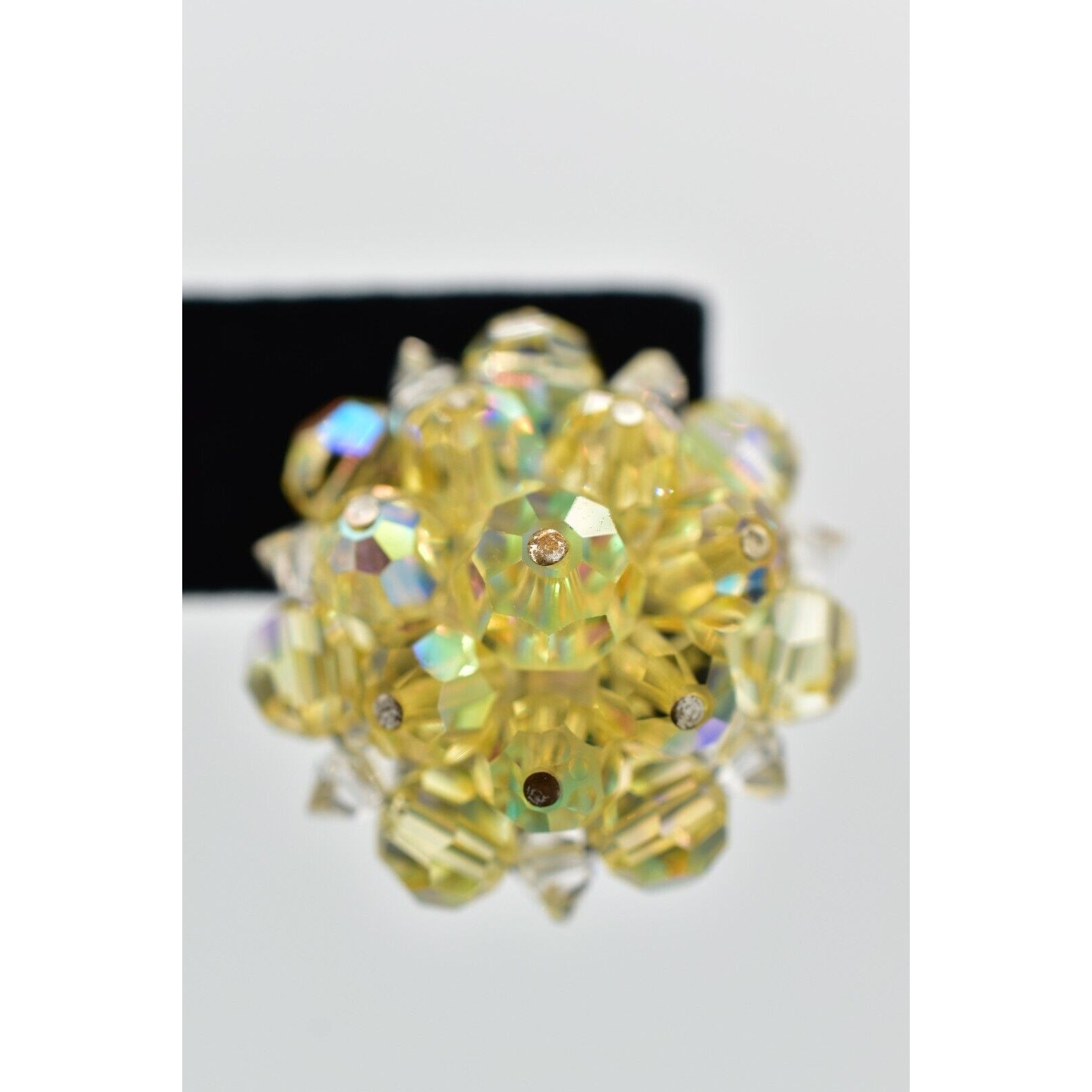 Laguna Vintage Clip On Crystal Earrings Yellow AB Cluster Signed Glam 1950s A24
