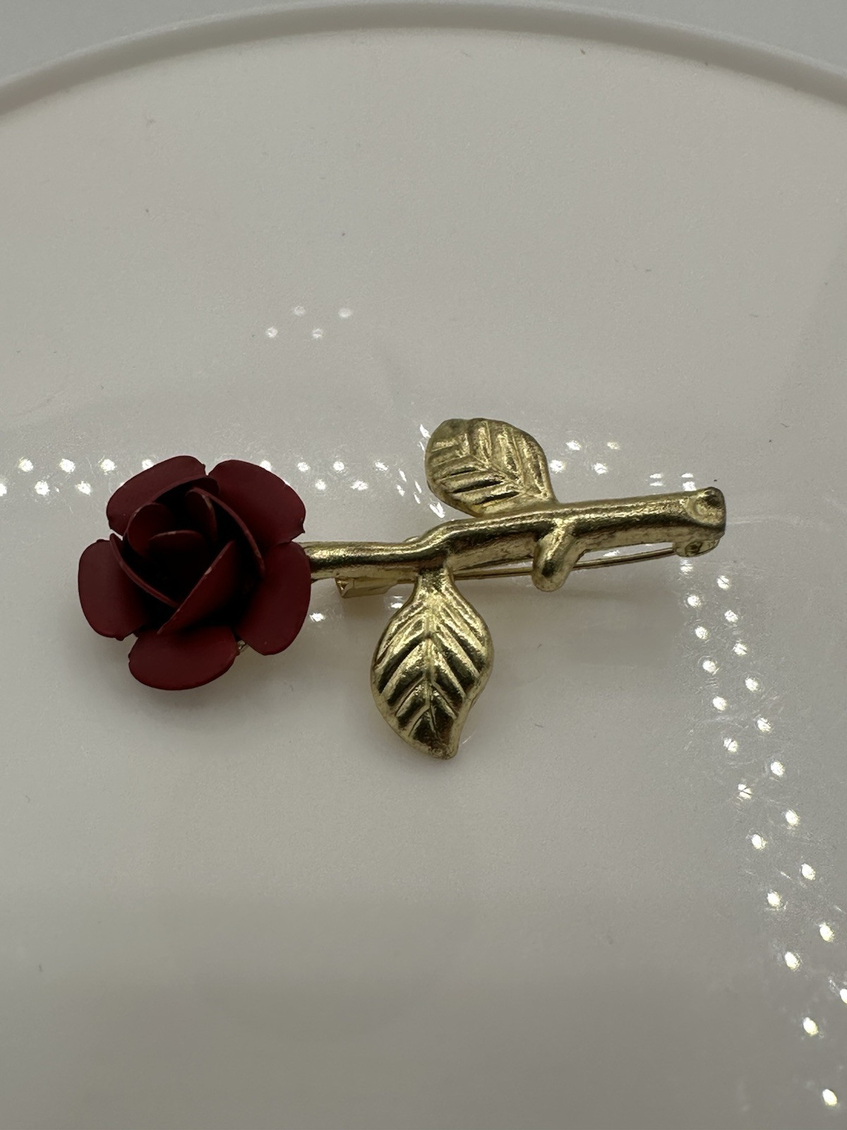 Small Vintage Brooch Red Rose Shaped Gold Tone Plated