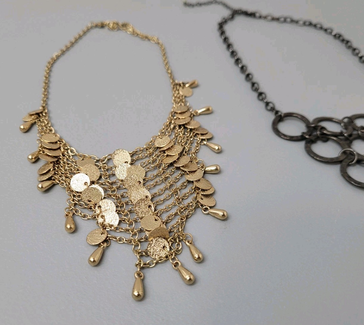 2 Vintage Bib Necklaces Gold Tone Dark Ring Charm Dangle Statement Jewelry