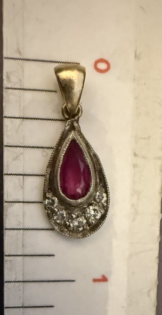 Antique Old Mine Rose Cut Diamond 14K Gold and Silver pendant Ruby Center Stone