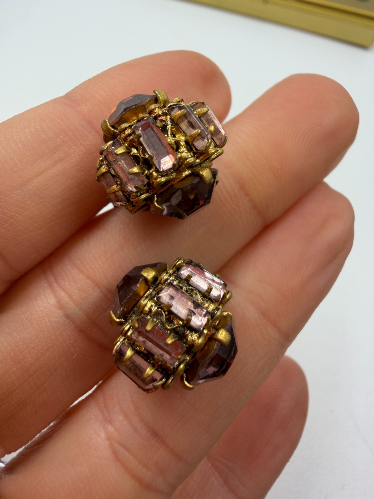 Vintage Earrings Clip On Czech Glass Purple Filigree Screw on Deco Era