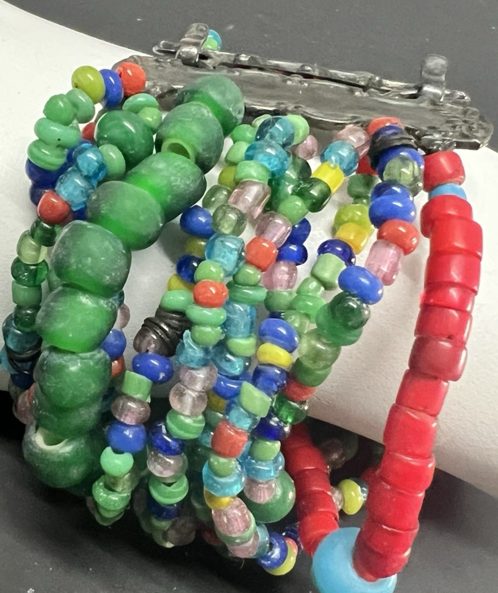 T. FOREE African Trade Multi Strand Glass Beaded Bracelet Sterling Silver 7.5″