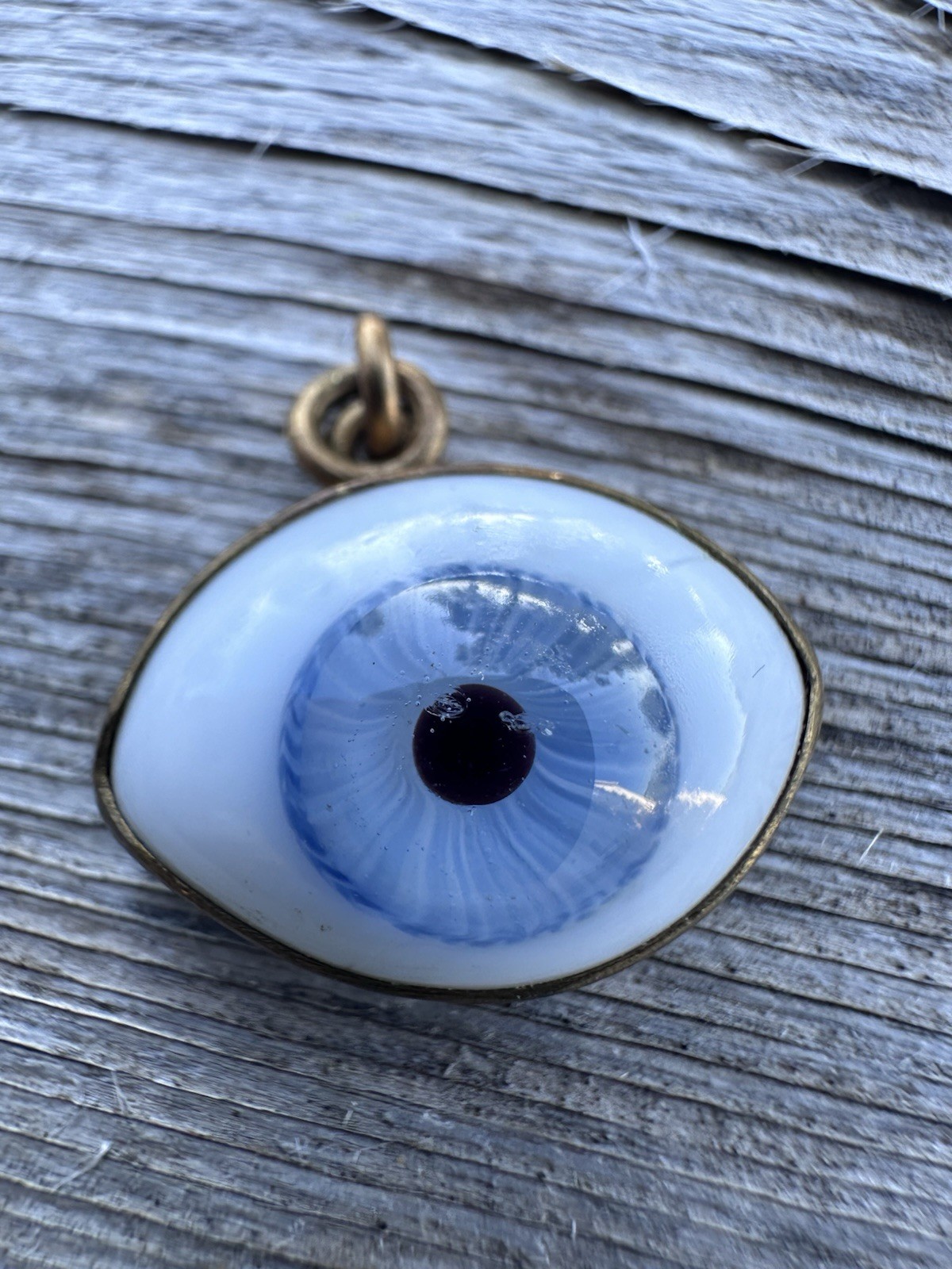 Glass Eye Pedant Set In Brass Bezel Unsigned Vintage Charm