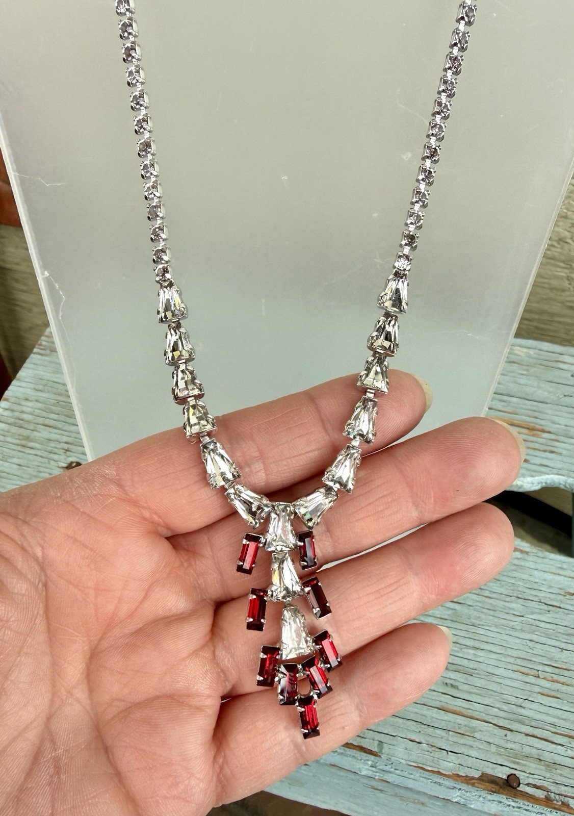 Vintage 1950’s B. David Red & Clear Rhinestone Drop Dangle Necklace & Earrings
