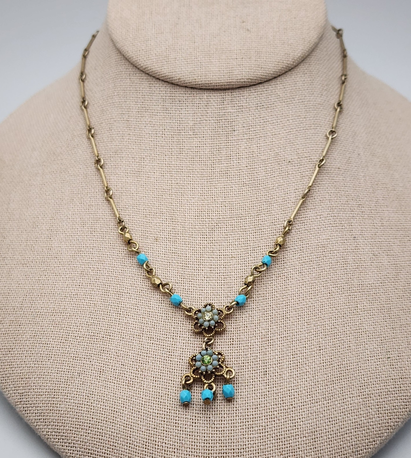 Vtg Avon Bar Link Y Drop Turquoise Beaded Choker Antiqued Gold Necklace