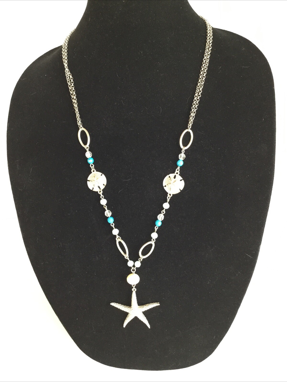Vintage Ocean Beach theme Starfish Sand Dollar charm necklace silver tone 15″