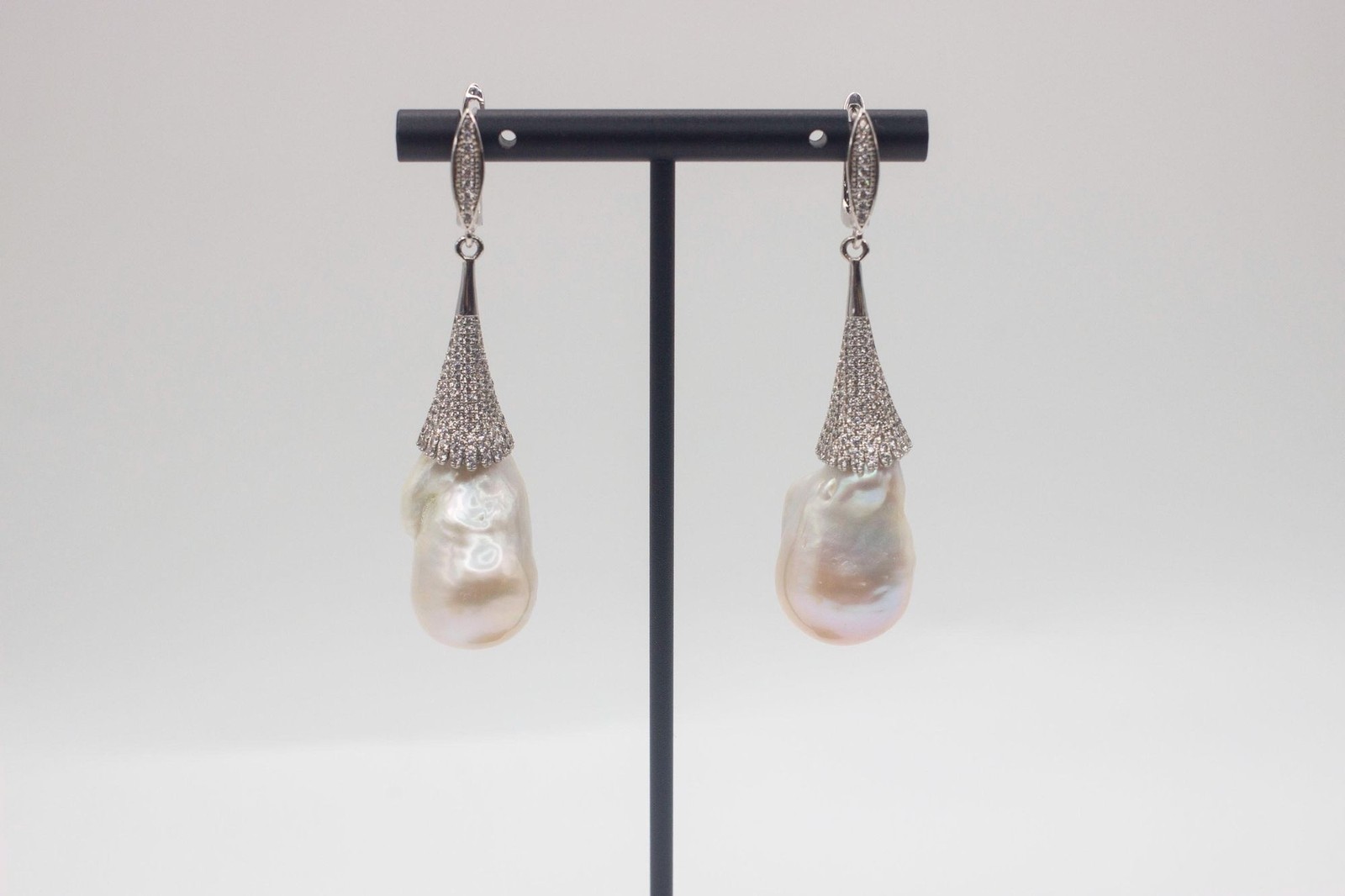 2.6” White Baroque Flameball Pearl Drop Earrings CZ Leverback Bridal Gift