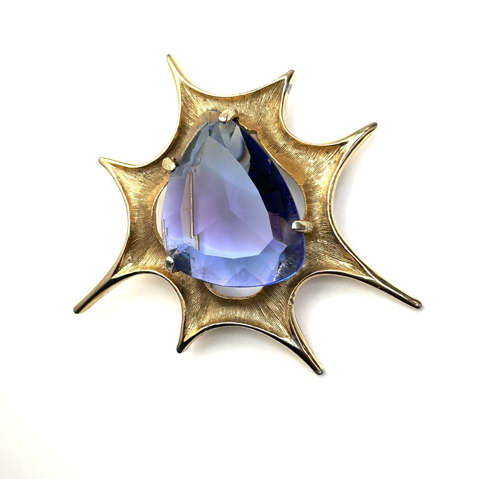 Atomic Blast Brooch Pin Signed BSK Gold Tone Blue Stone Starburst Vintage MCM