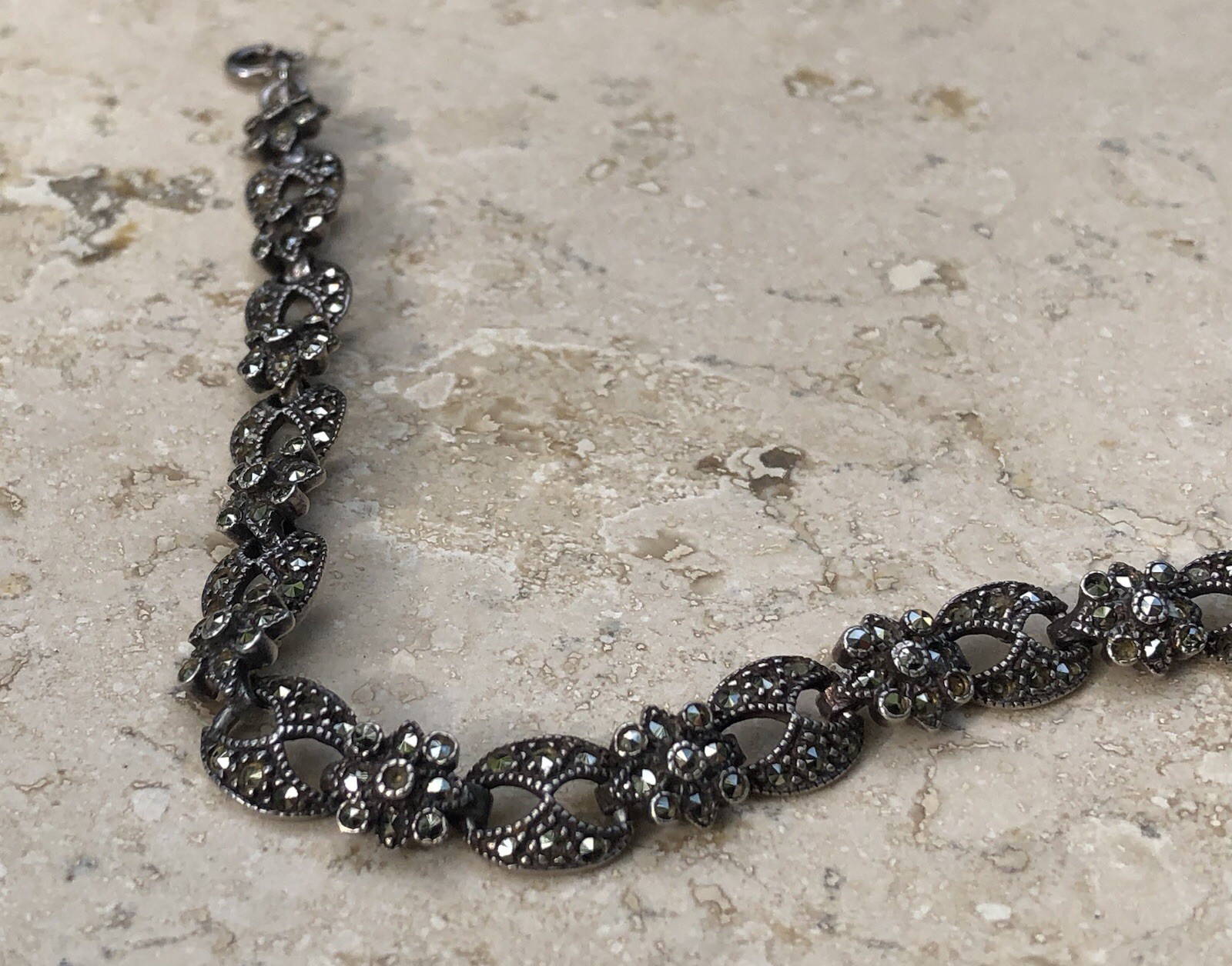 ✨VINTAGE Sterling Silver MARCASITE Floral 🌺Tennis Bracelet 🌟ESTATE Jewelry🌟