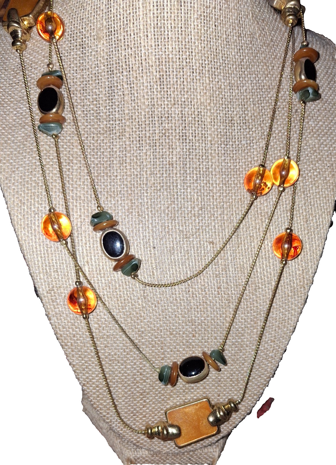 vintage korea gold plate long station necklace amber glass acrylic and enamel