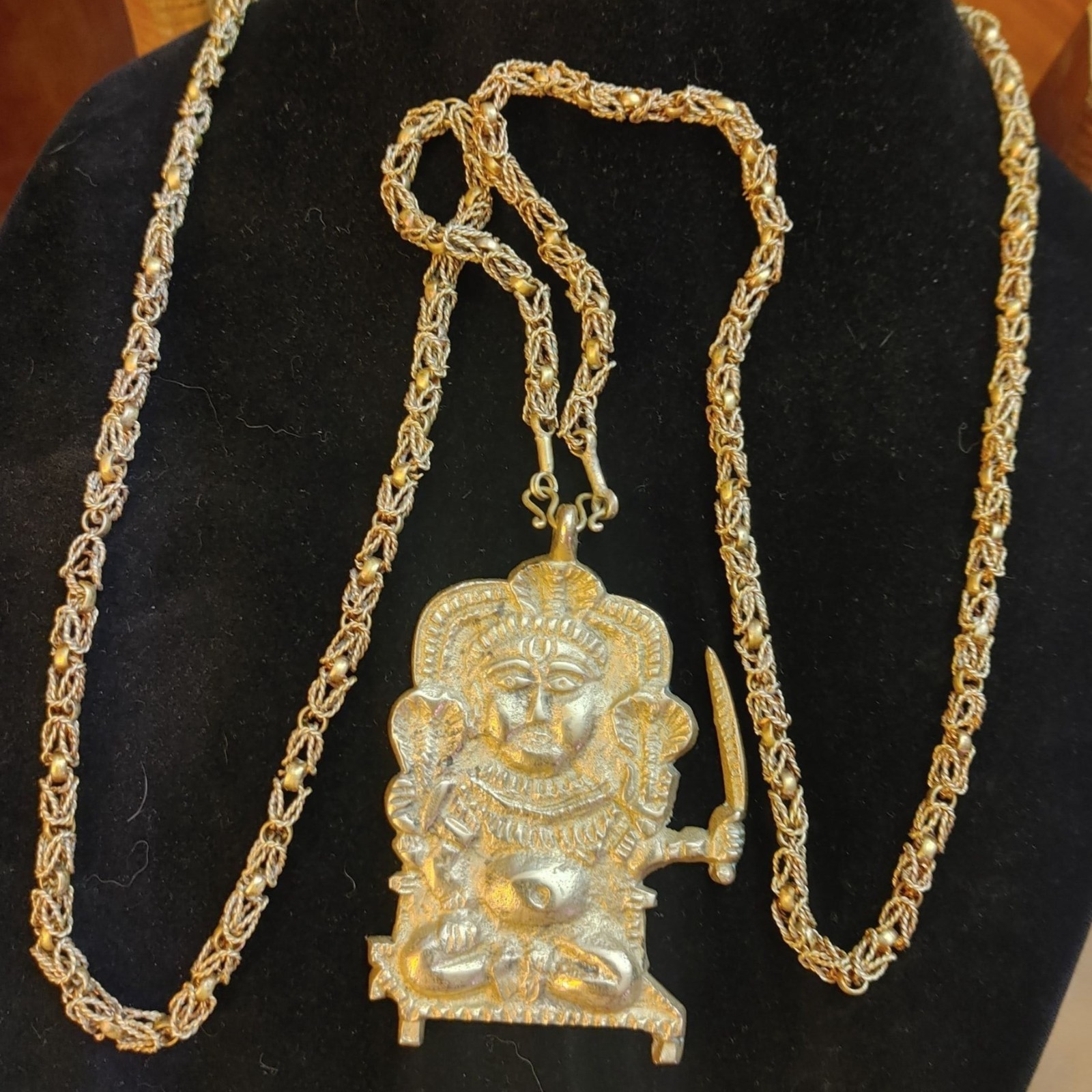 Hindu Goddess Pendant Necklace Long 44′ Vintage Brass Chain Mark India Sarna