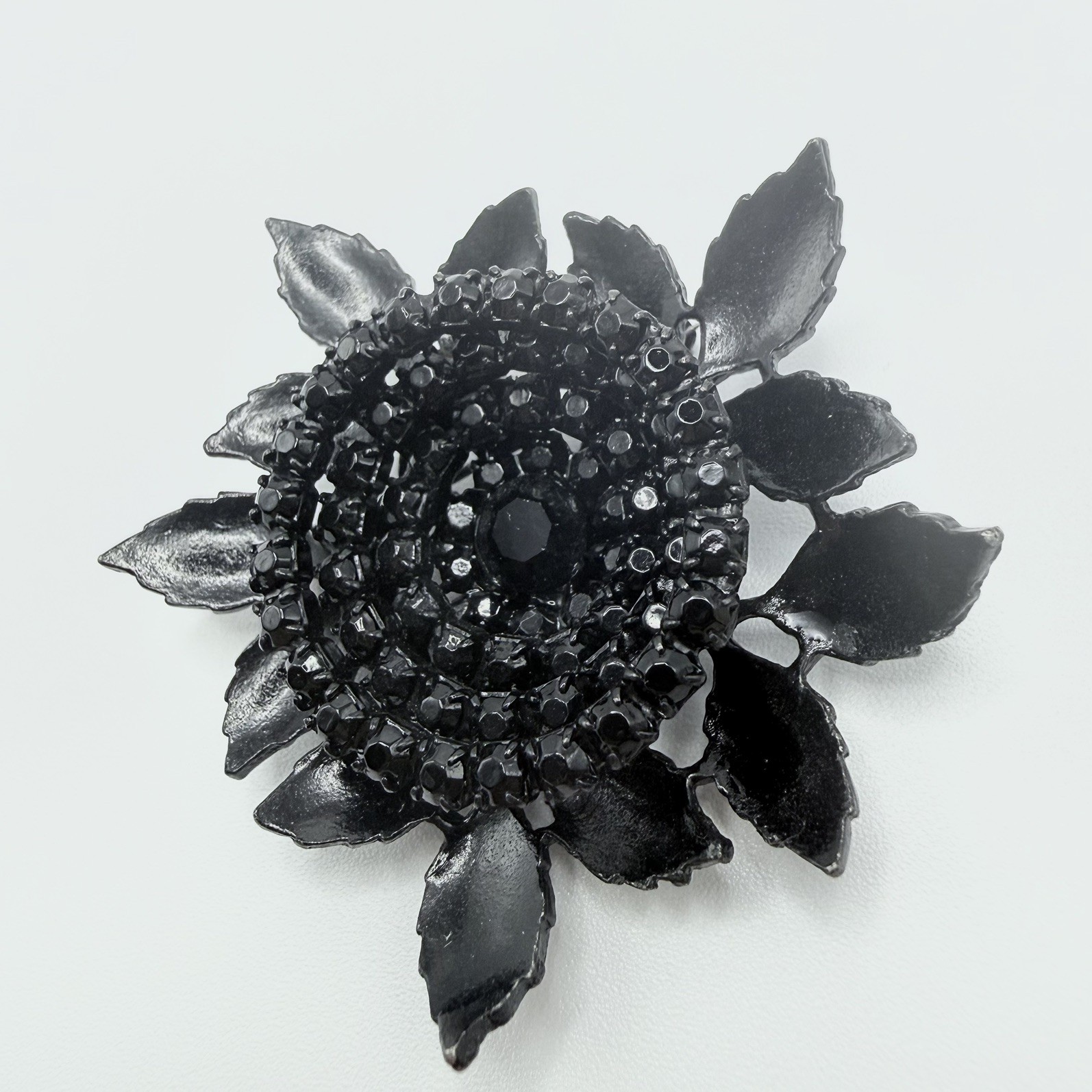 Albert Weiss Black Rhinestone and Enamel Flower Pin Brooch Signed Vintage