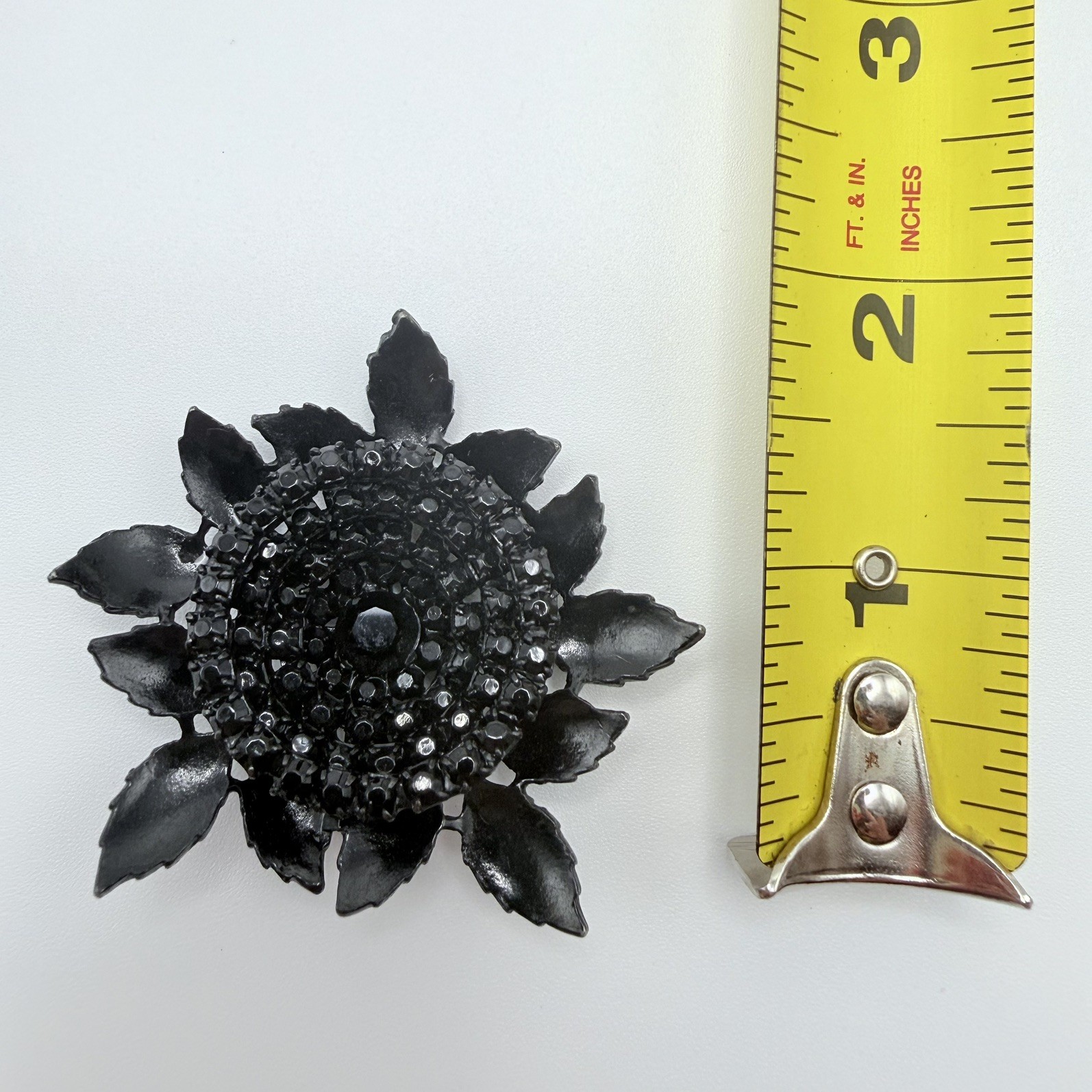 Albert Weiss Black Rhinestone and Enamel Flower Pin Brooch Signed Vintage