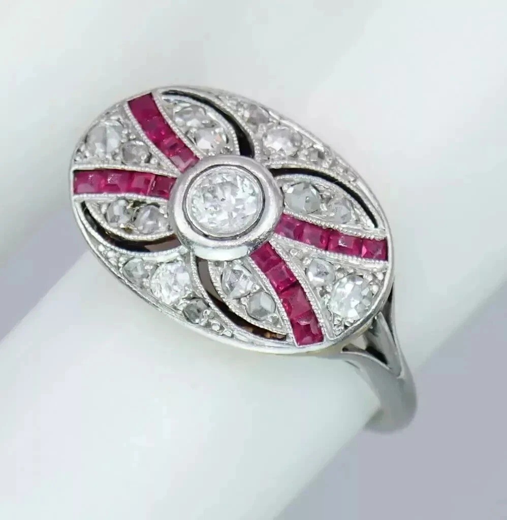 Art Deco Round Cut Lab Created Diamond & Ruby 14K White Gold Finish Wedding Ring