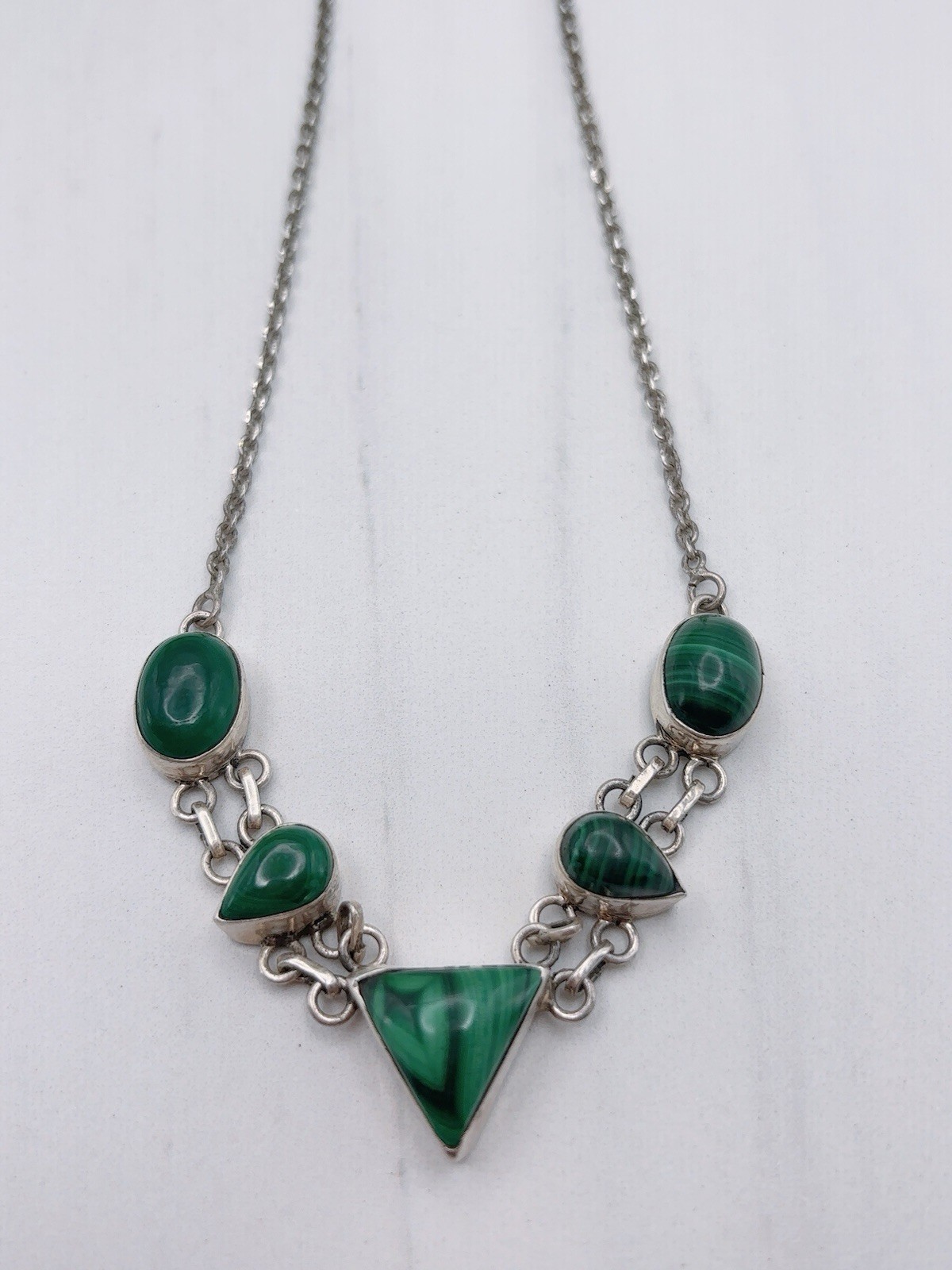 Sterling Silver 925 Malachite Green Stone necklace Triangle Stone