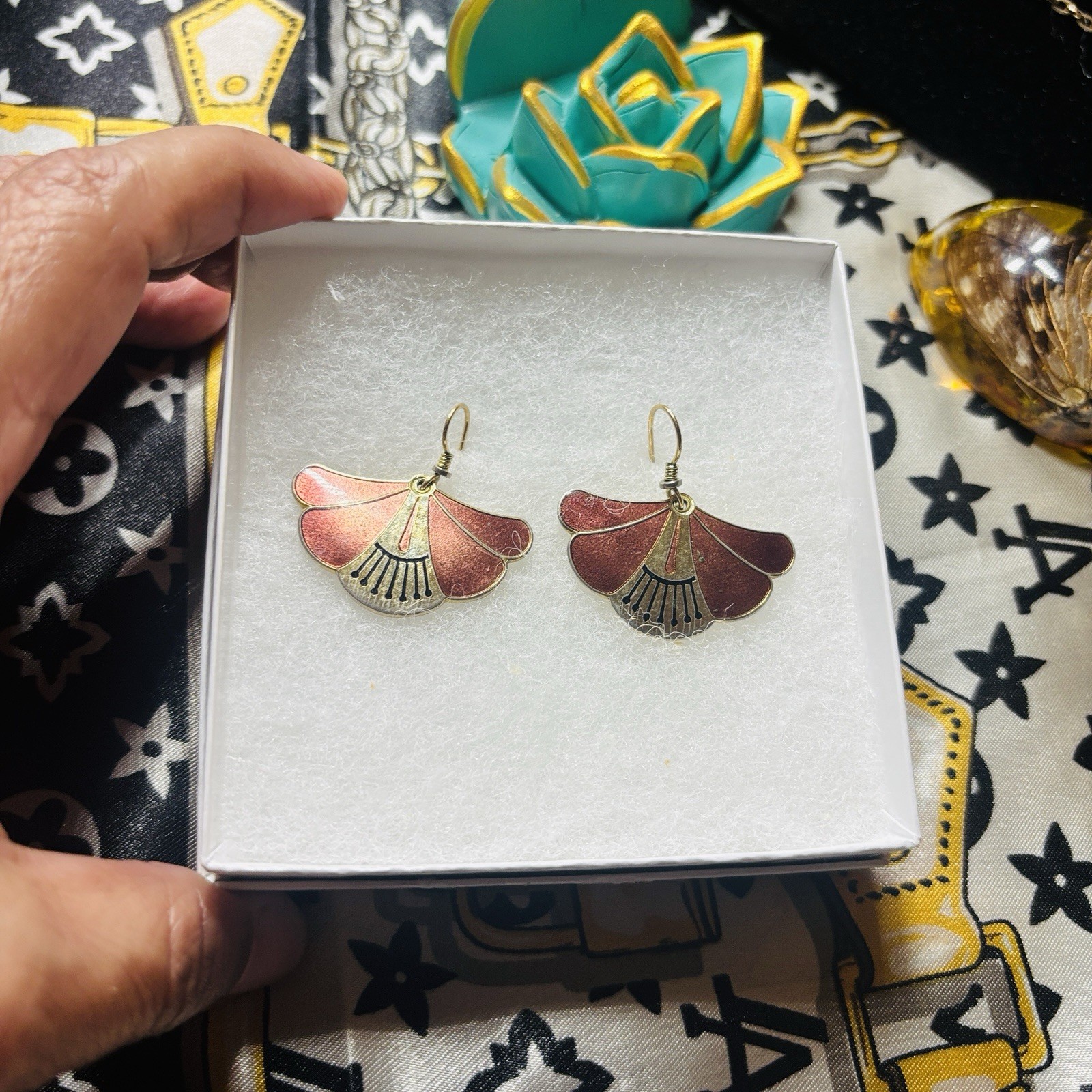 Vintage Laurel Burch Enamel Fan Earrings Gold Tone Signed 3.5cm