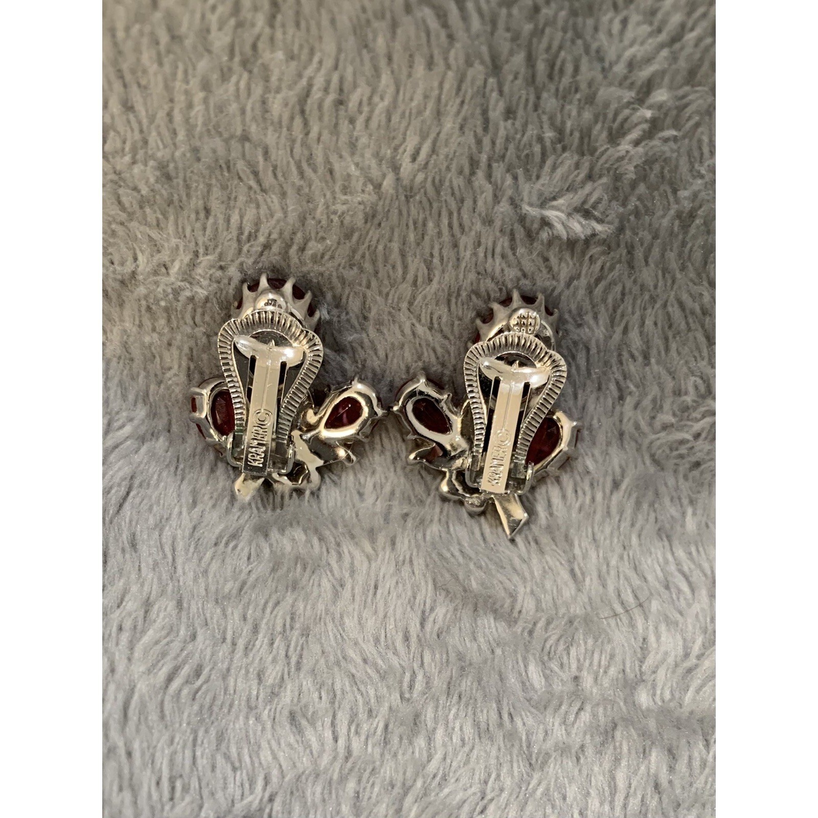 Kramer Vintage Crystal Rhinestone & Faux Ruby Bouquet Flower Signed Clip Earring