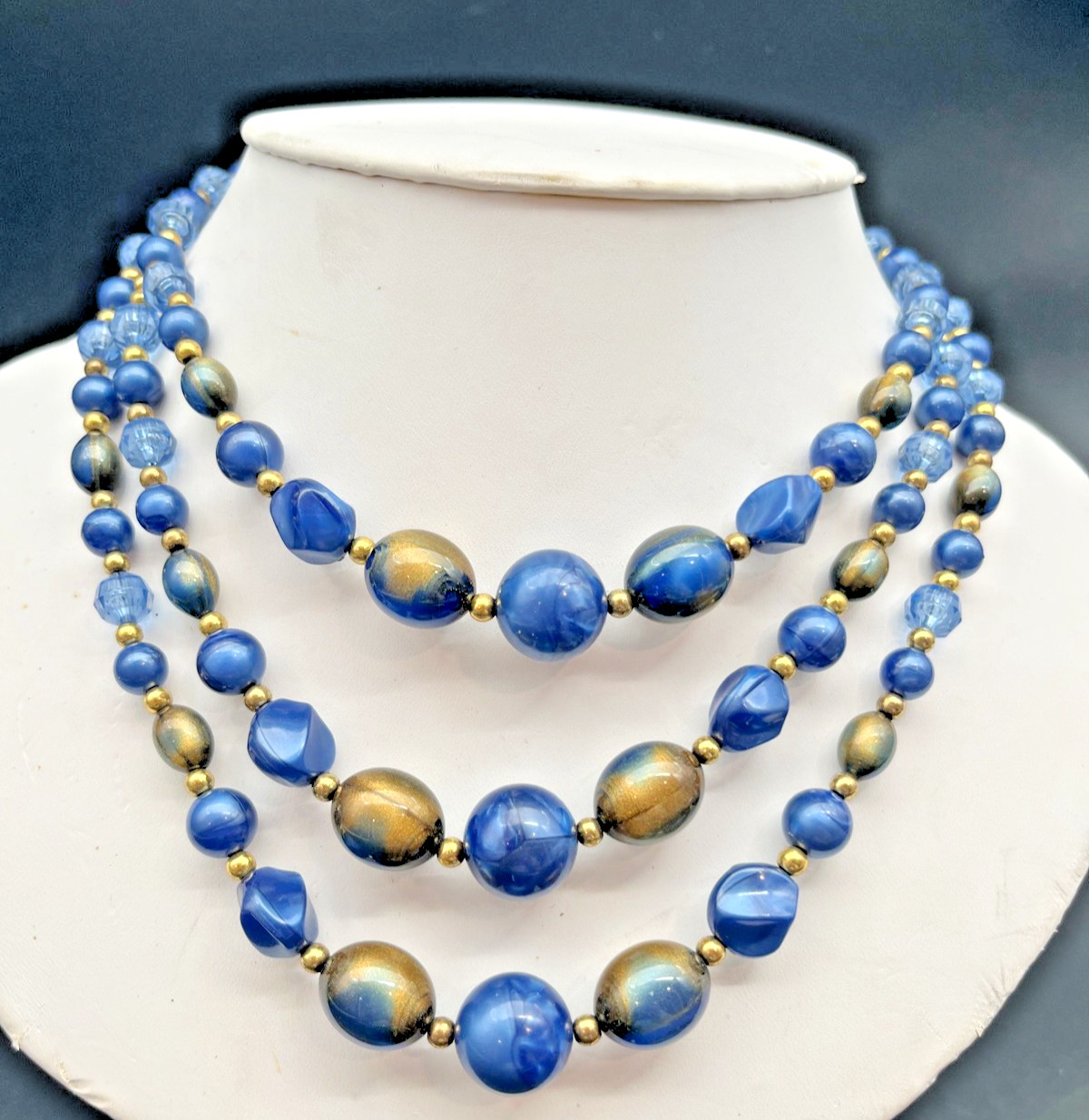 Vintage 3 Strand Cobalt Blue Lucite Bead Choker Bib Necklace (Japan/Hong Kong)