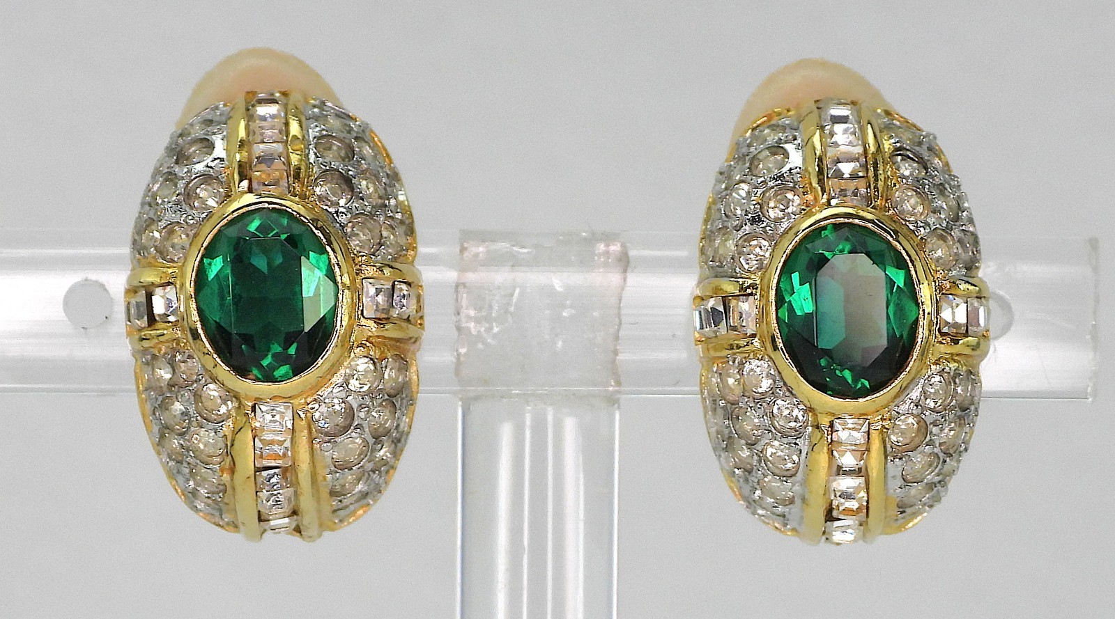 Vtg LES BERNARD Domed Earrings Clear Crystals & Faux Center Oval Green Emerald