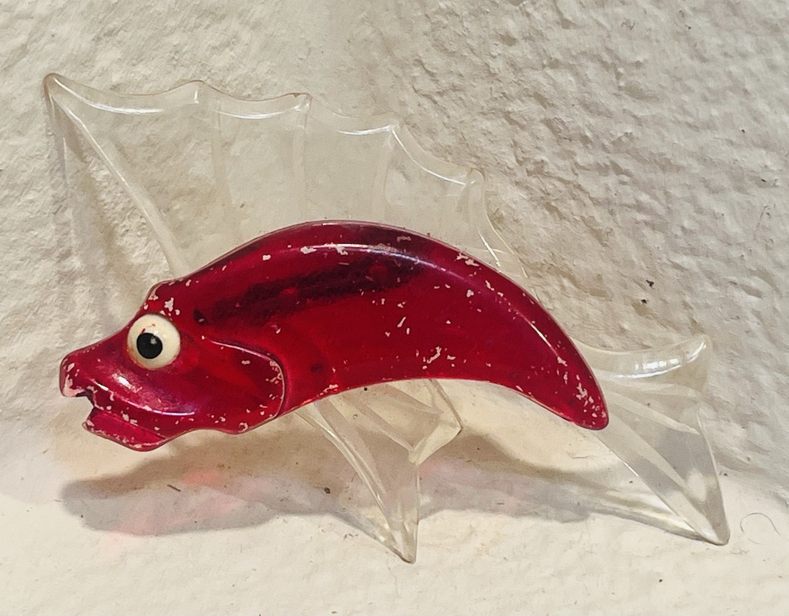 Vintage Lucite Red Fish Brooch w/ Clear Stylized Fins, “Googly Eye” 1940s-50s