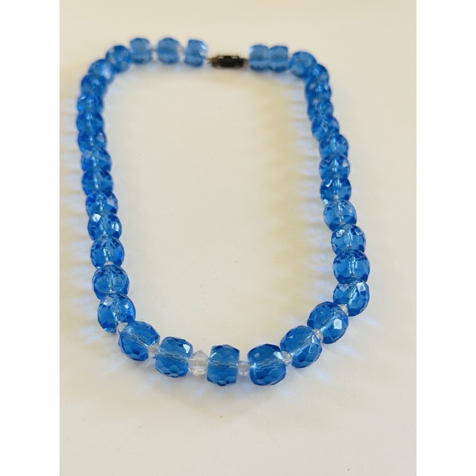 Vtg Czech blue choker Necklace Clear Blue Glass Carved Beaded Art Deco 16″