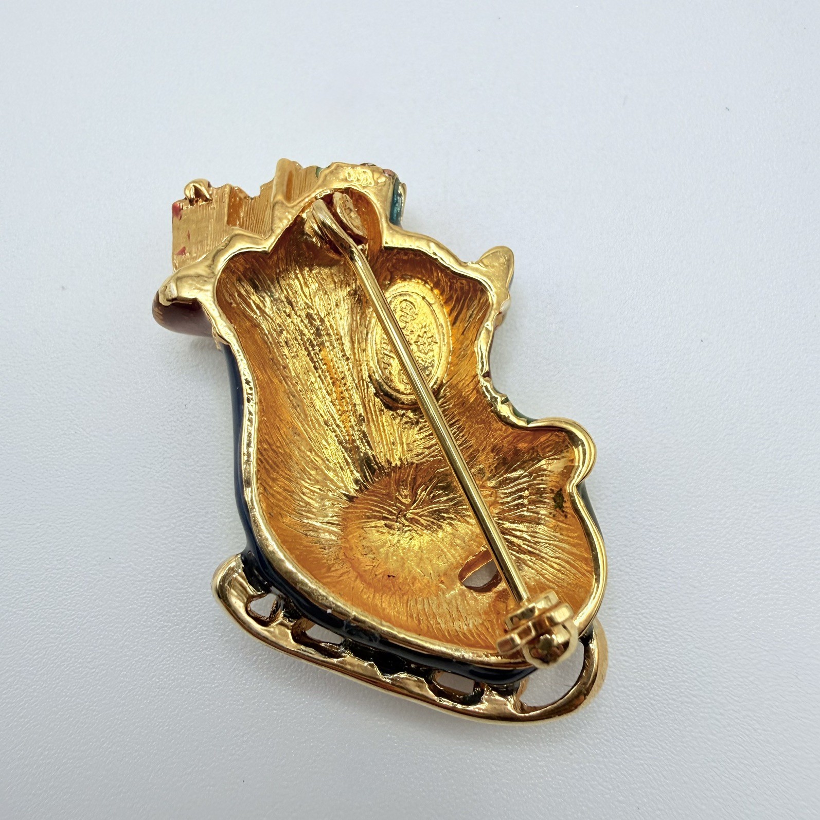 Christopher Radko Signed Enamel Christmas Santa Sleigh Rhinestones Brooch