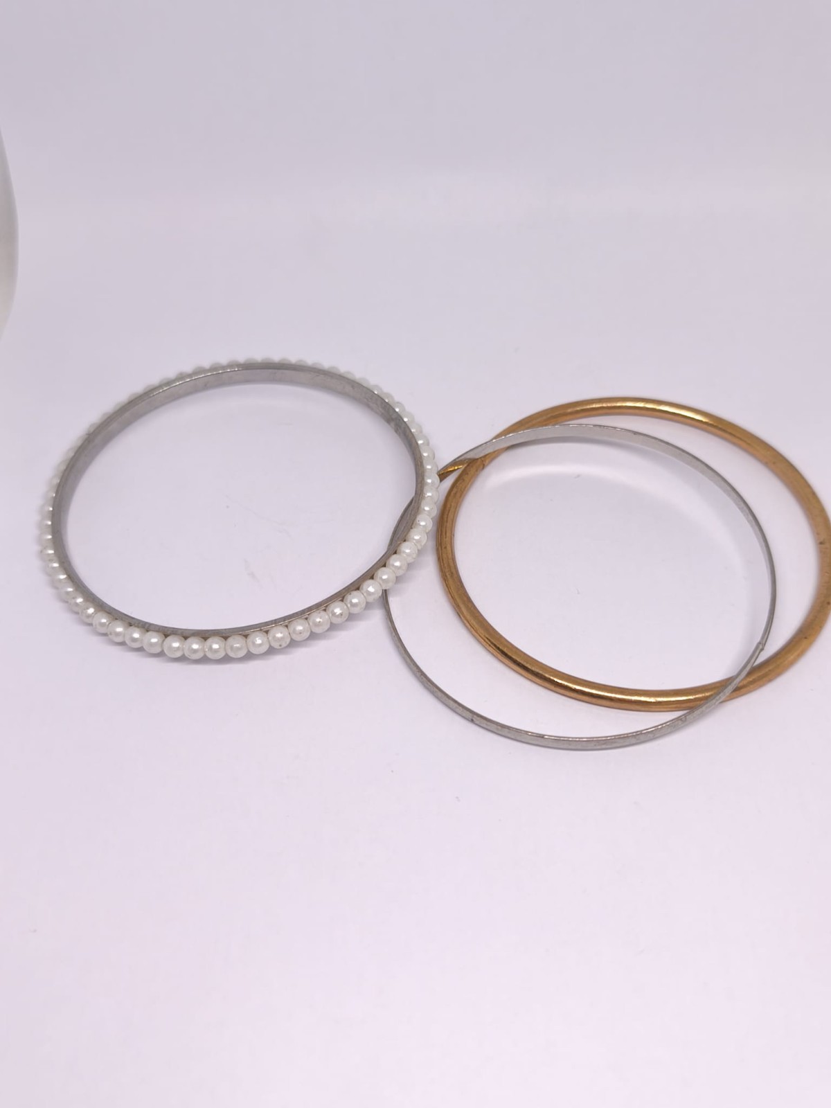Vintage Bangle Bracelet Set of 3 Faux Pearl Gold Tone Silver Tone Stackable Bang