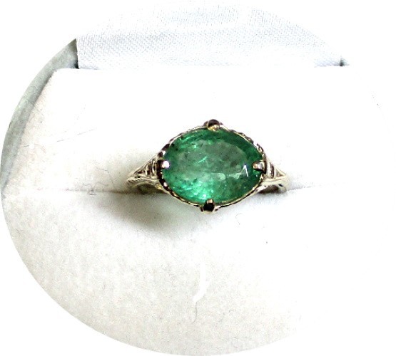 EMERALD Ring- Natural – Art Deco 14k Yellow Gold Filigree Mtg. – Certifcate..