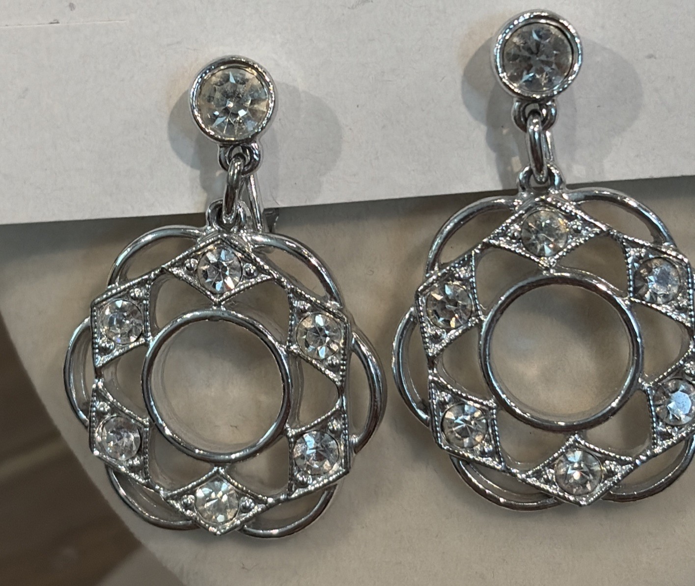 Vintage Sarah Coventry Rhinestone Silver Tone Dangle Clip On Earrings