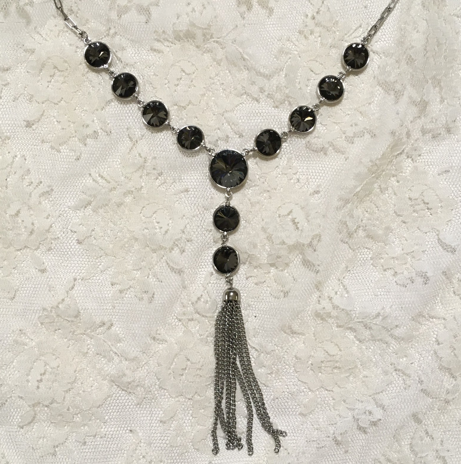 Silver Tone Tassel Pendant Chain Necklace Rivoli Gray Rhinestones y2k Layered