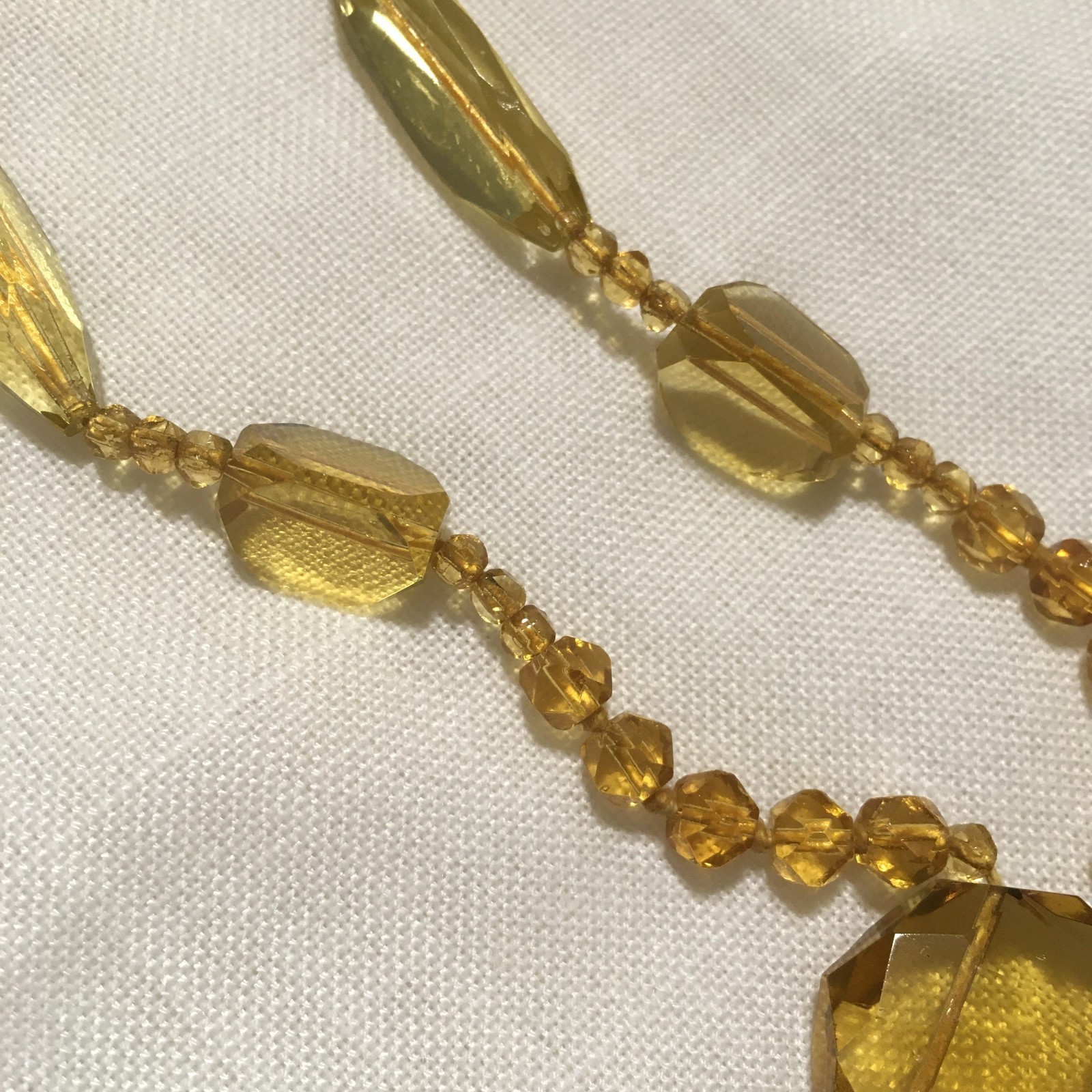 Vintage Art Deco Amber Glass Bead Necklace Faceted Beads Drop Pendant 26″L