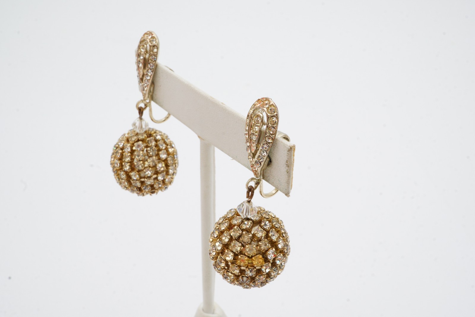 Vintage Clip On Earrings Gold Tone Rhinestone Ball