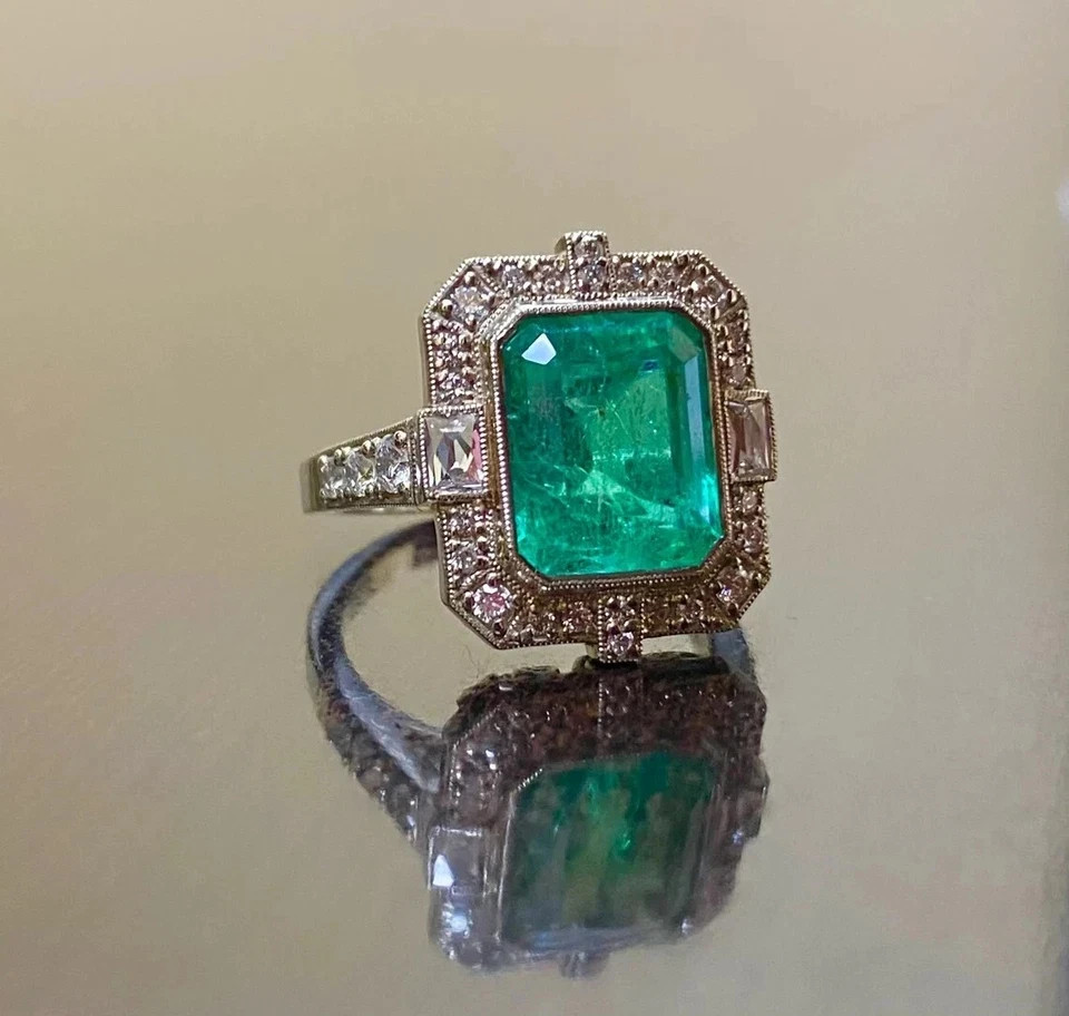Vintage Art Deco Colombian Emerald Lab Diamond Engagement 14K White Gold FN Ring
