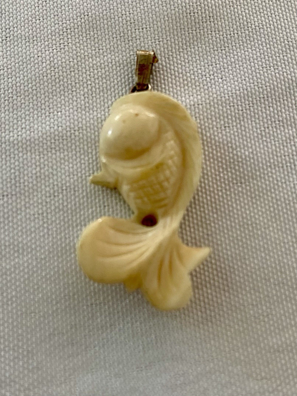 Vintage Buffalo Bone Carved Koi Fish Pendant, Approximately 1” X 1”
