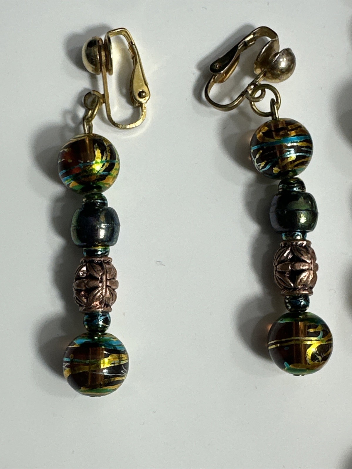 Vintage Iridescent Glass Bead Necklace Brown Green Matching Earrings