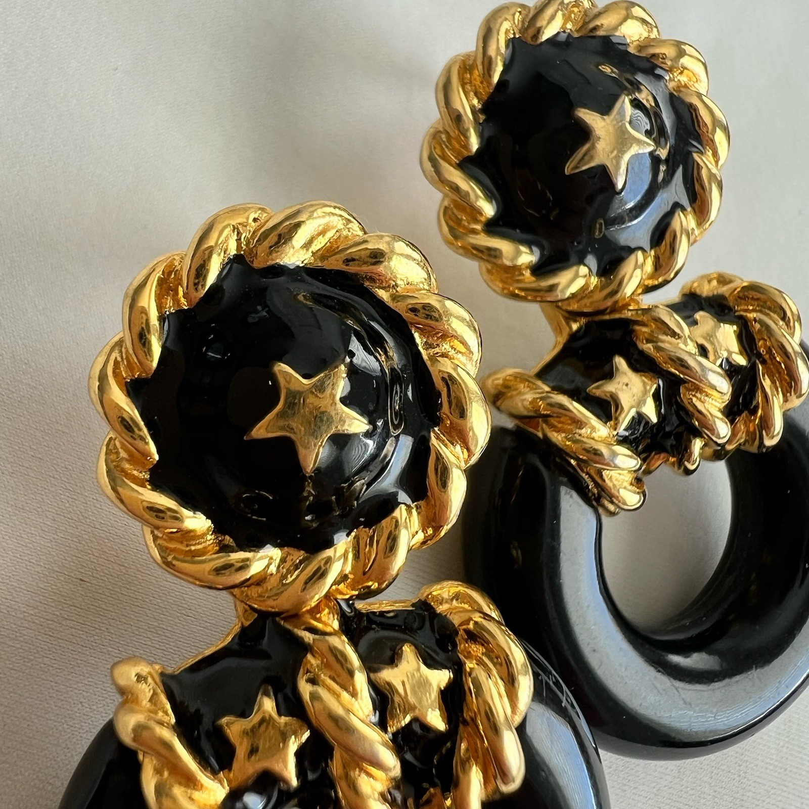 Vintage Gold Tone Black Enamel Celestial Star Door Knocker Drop Earrings 80s