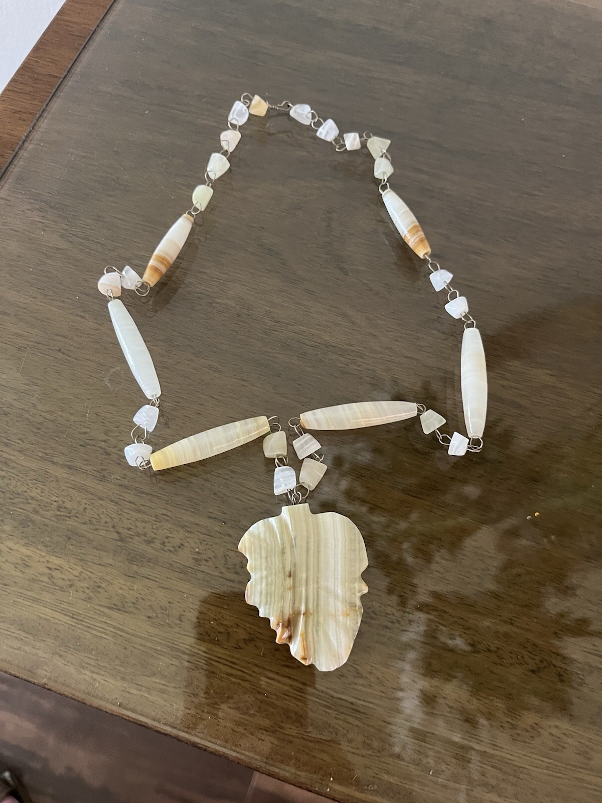 Vintage Carved Alabaster Stone Tribal Pendant Necklace