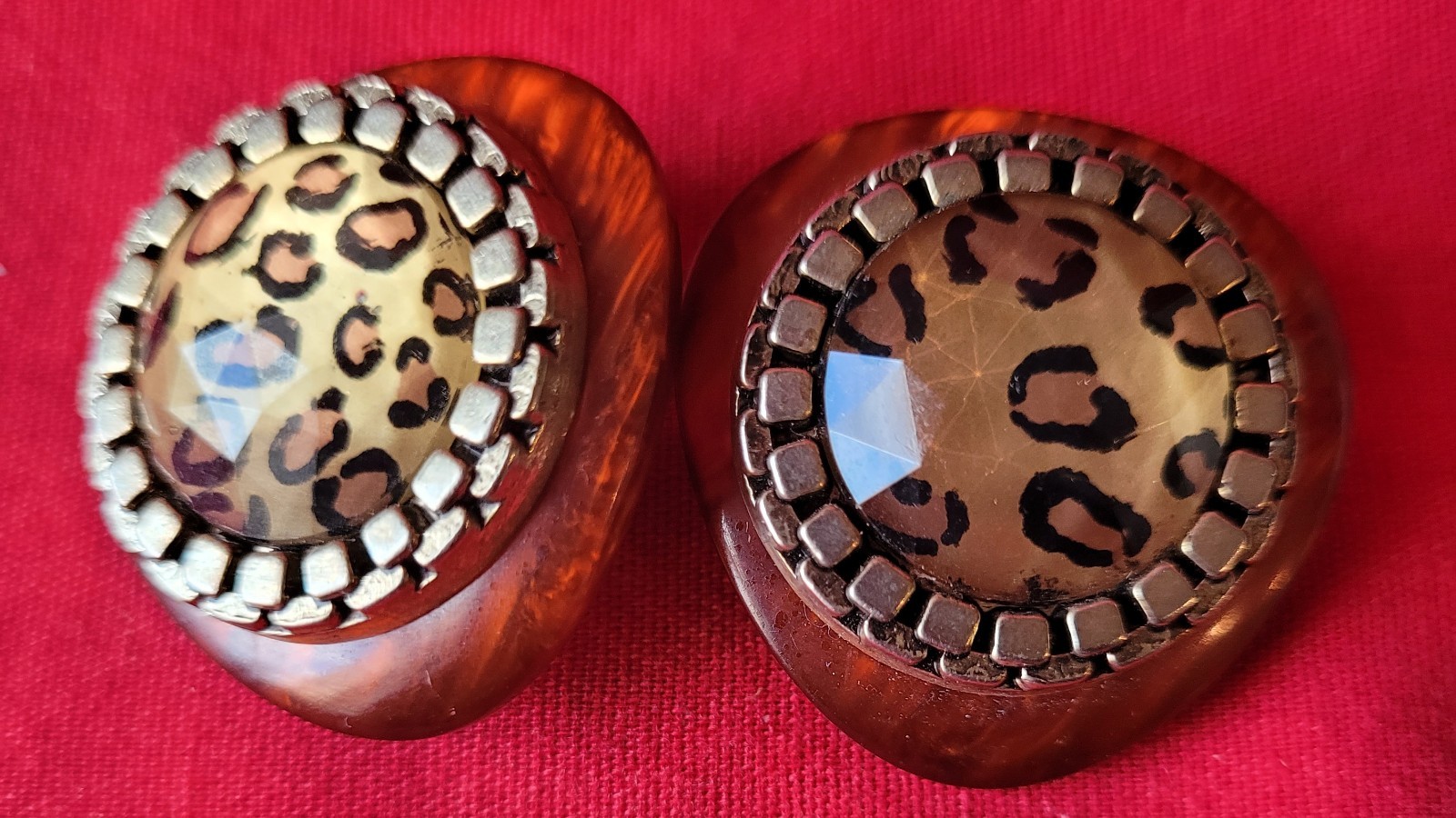 Vintage 80’s Leopard Acrylic ? Resin Topaz Gem STATEMENT Clip Earrings
