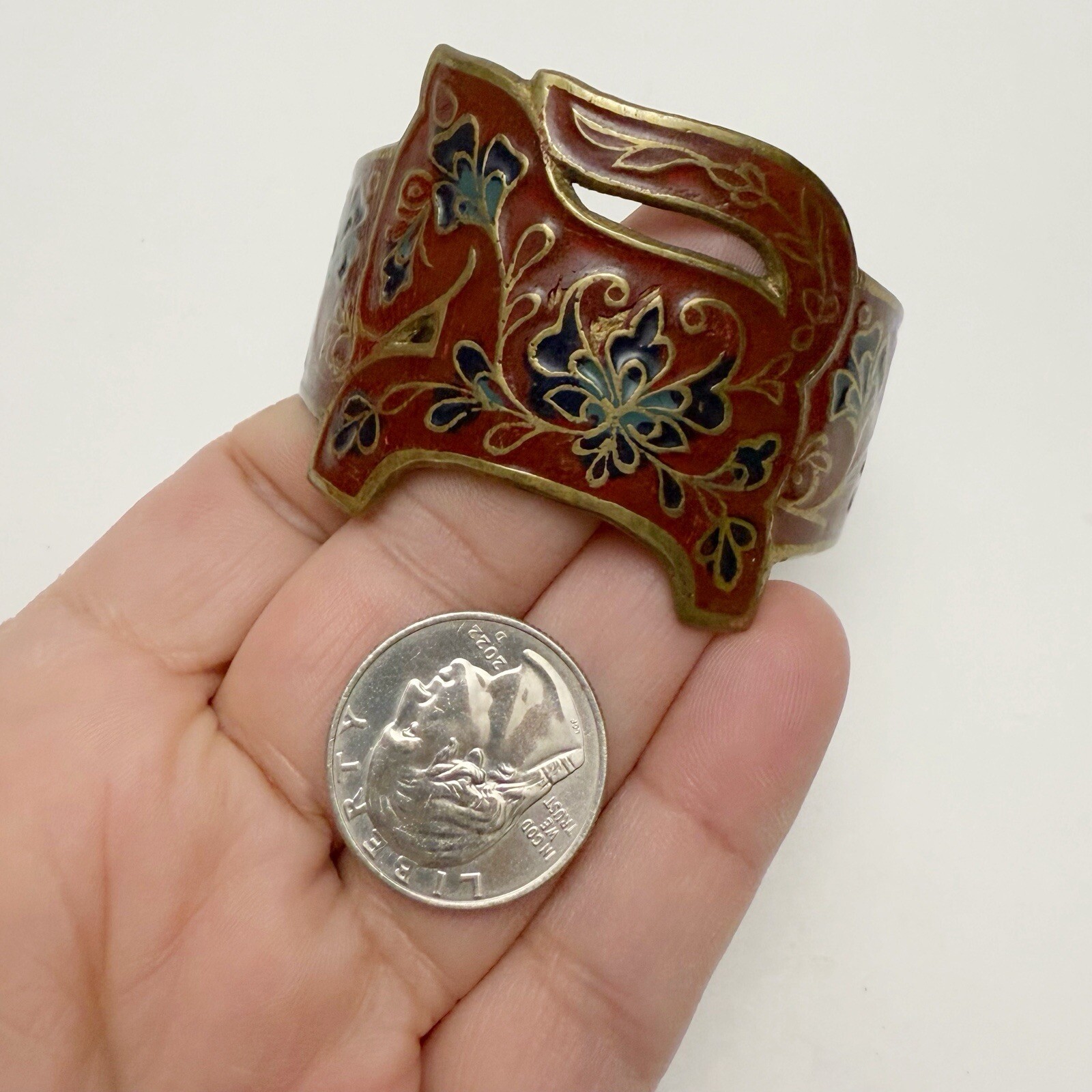 Vintage Horse Floral Red Enamel Brass Cuff Bracelet Made in India