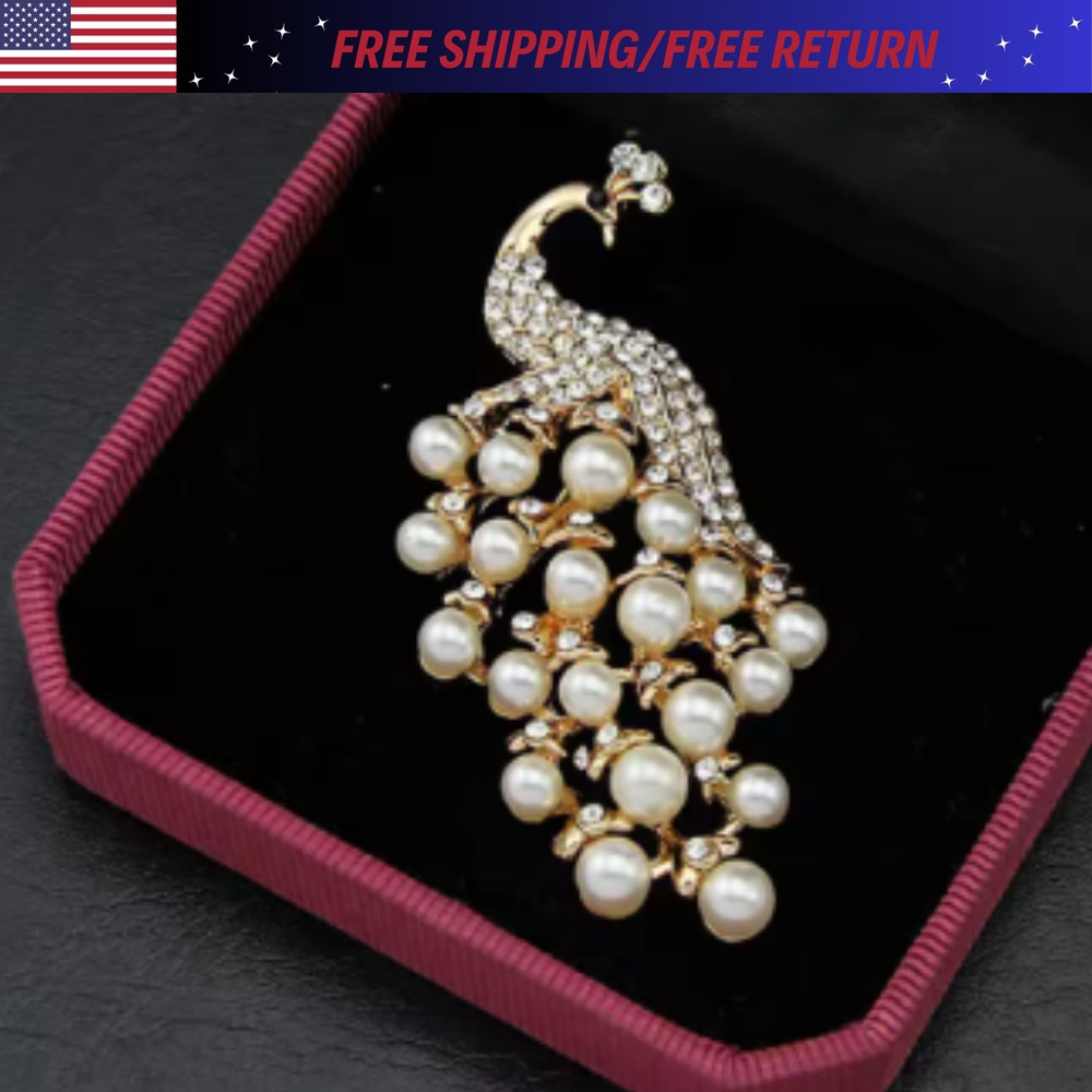 Vintage Style Peacock Bird Rhinestone Crystal White Bird Brooch Pin Pendant Gift
