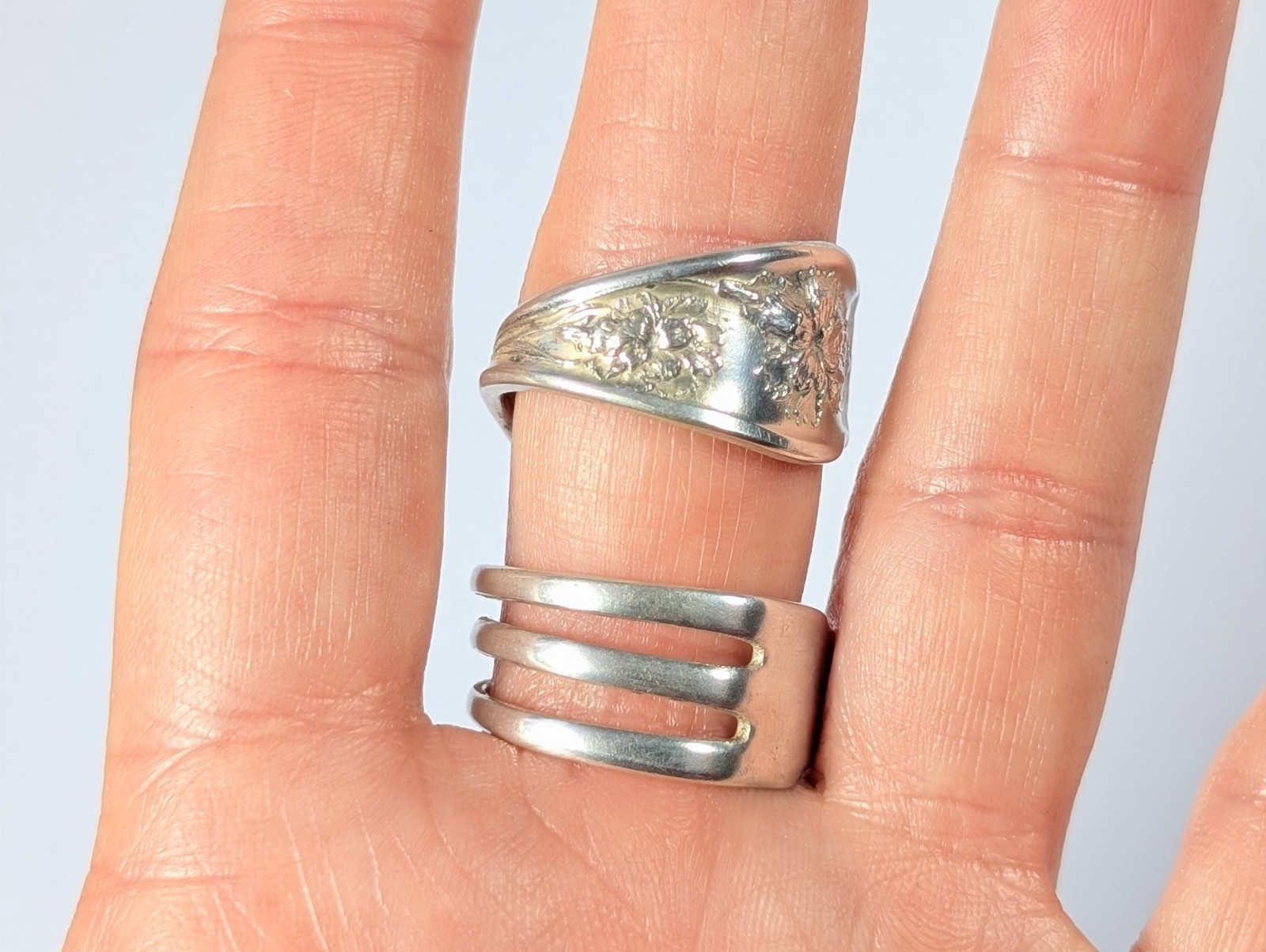 Vtg Silver-Plated William Rogers Oneida Fork Ring Floral Full Bypass Wrap Ring
